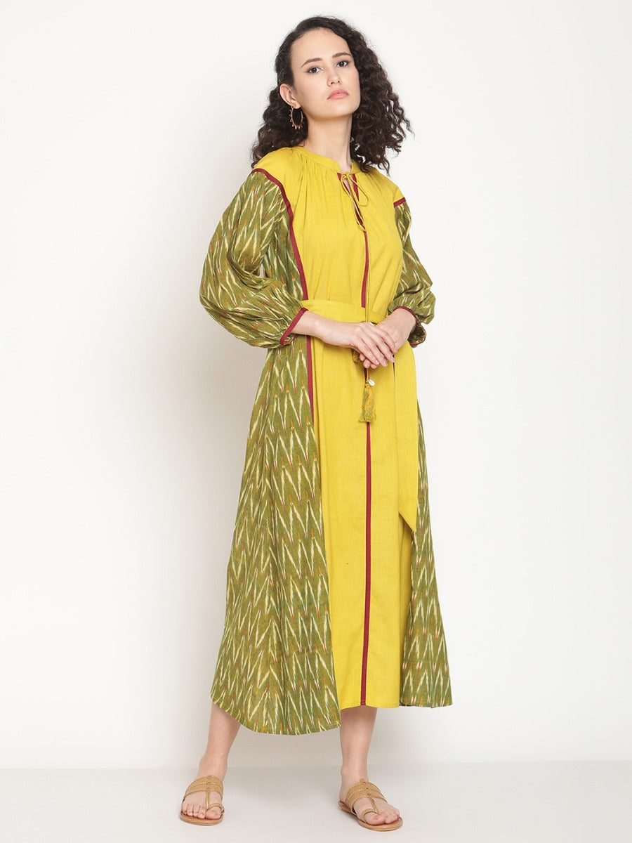 Spring Green Ikat Dress With Waist Belt and Tie-up