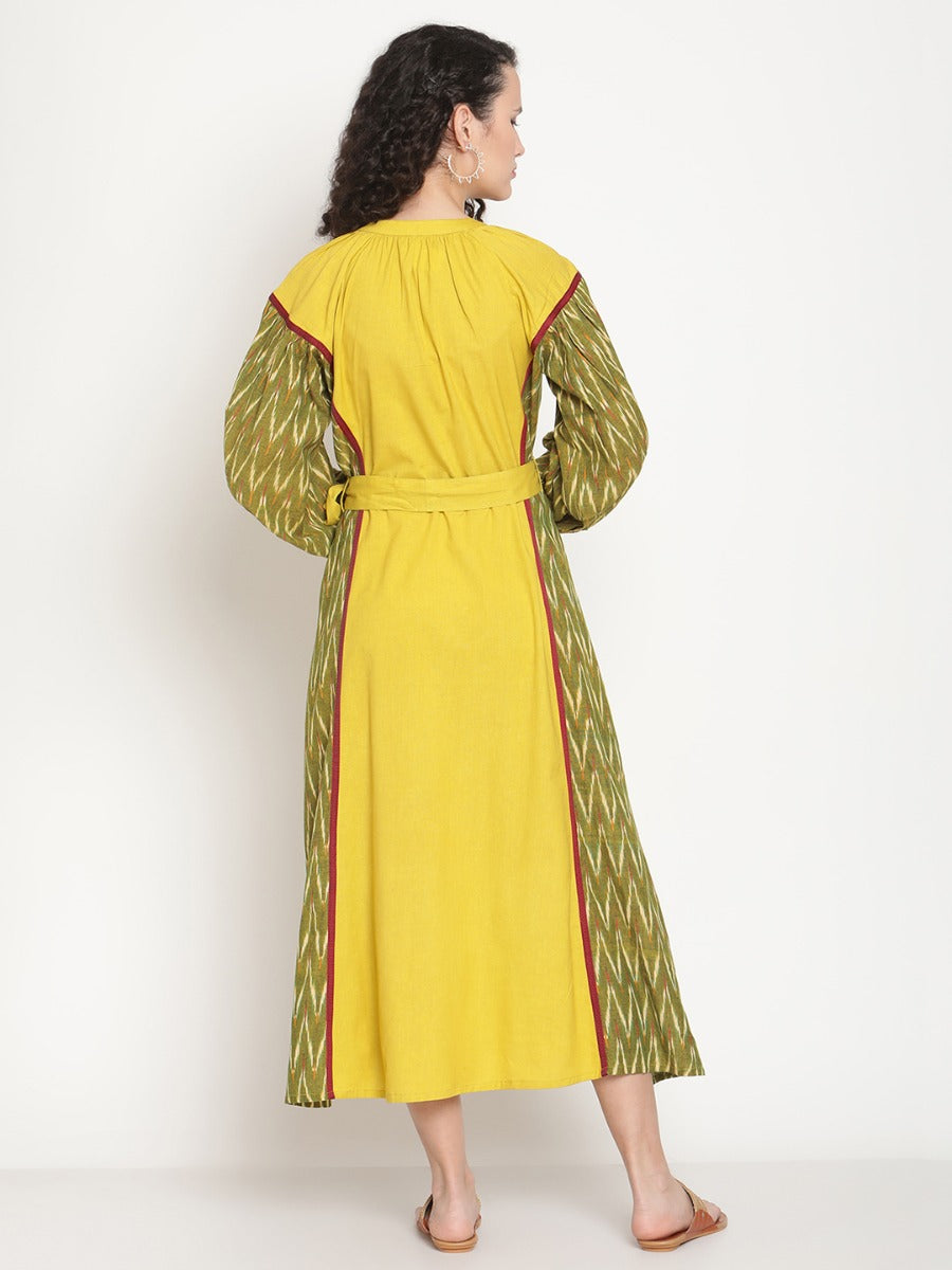 Spring Green Ikat Dress With Waist Belt and Tie-up