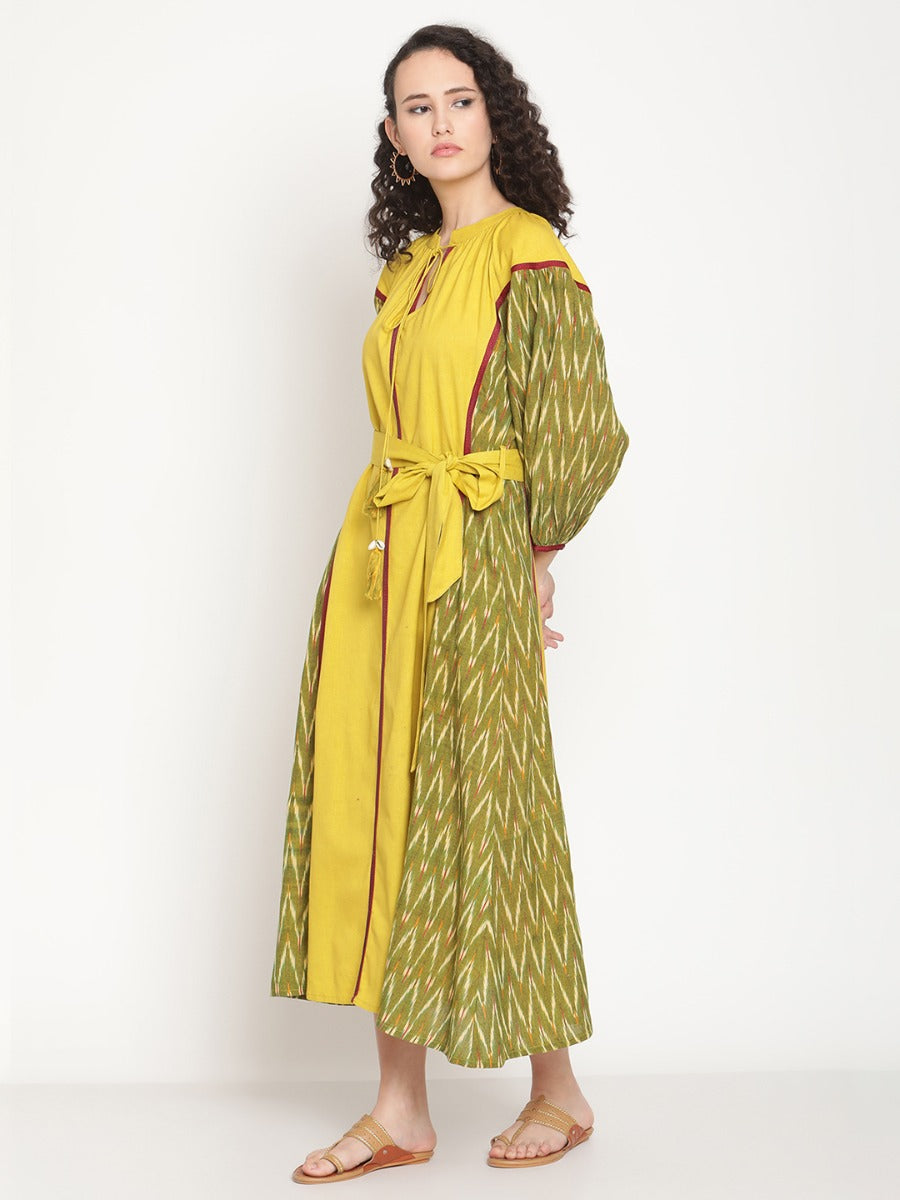 Spring Green Ikat Dress With Waist Belt and Tie-up