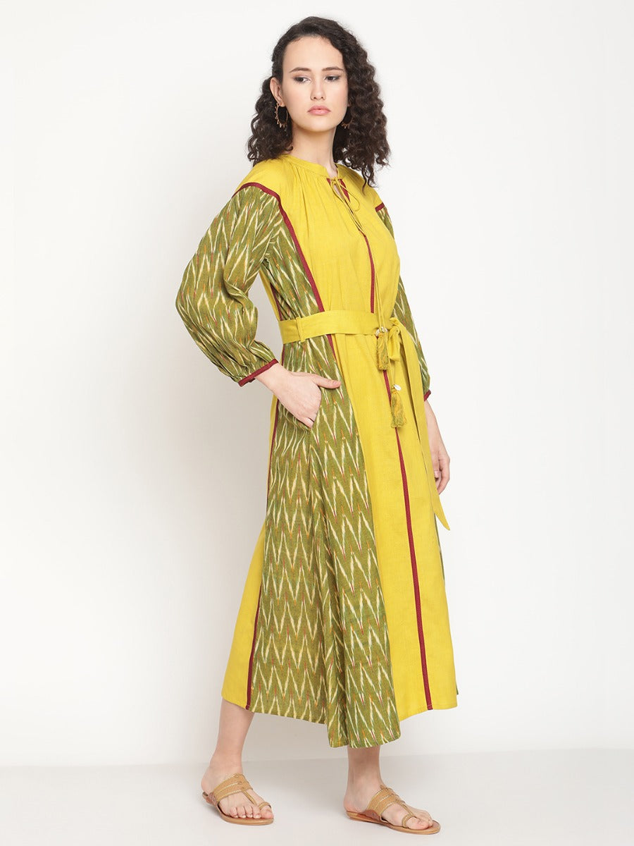 Spring Green Ikat Dress With Waist Belt and Tie-up