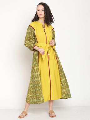 Spring Green Ikat Dress With Waist Belt and Tie-up