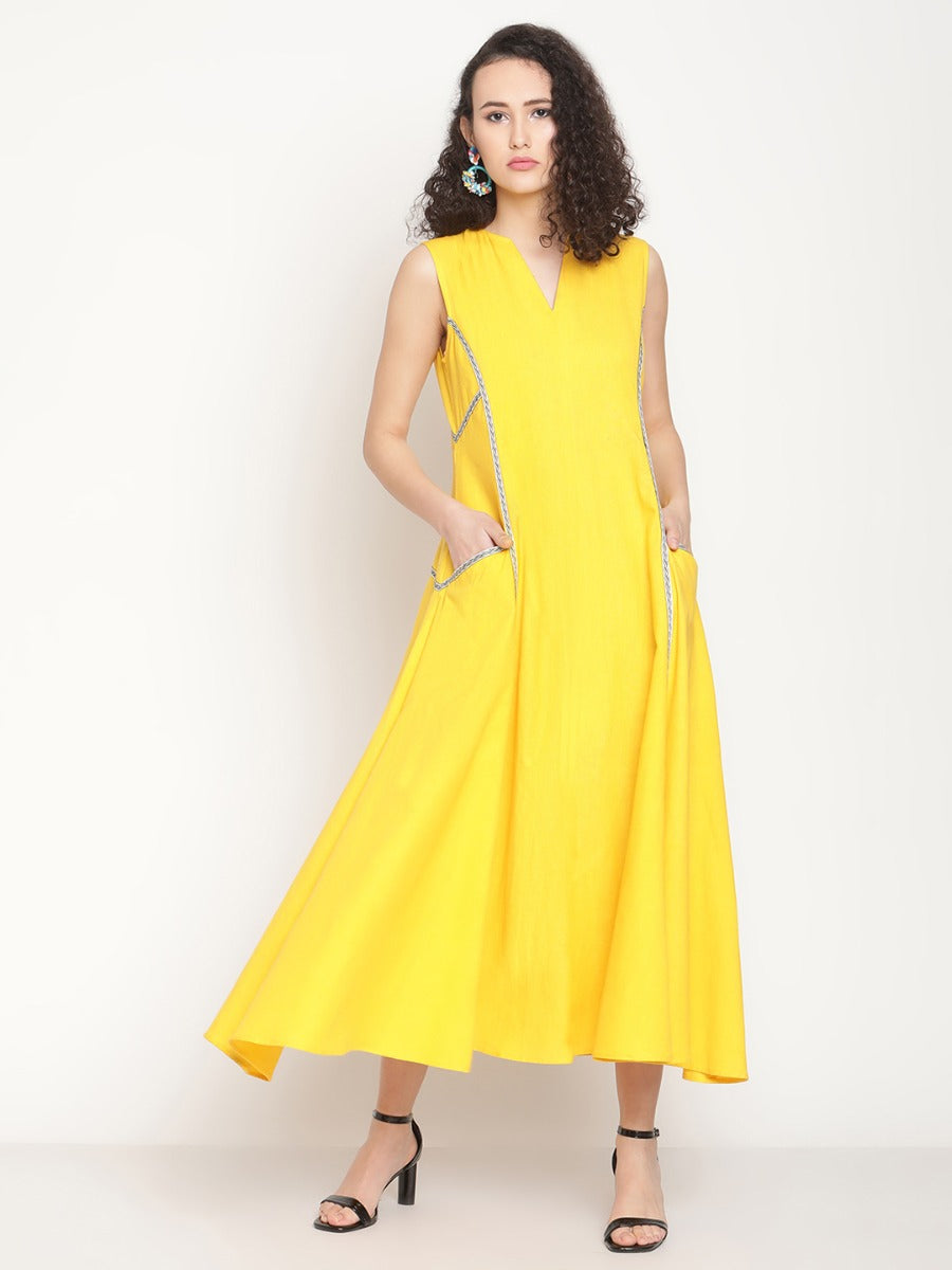 Corn Yellow Jacquard Lace Maxi Dress