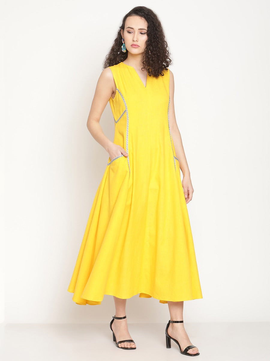 Corn Yellow Jacquard Lace Maxi Dress