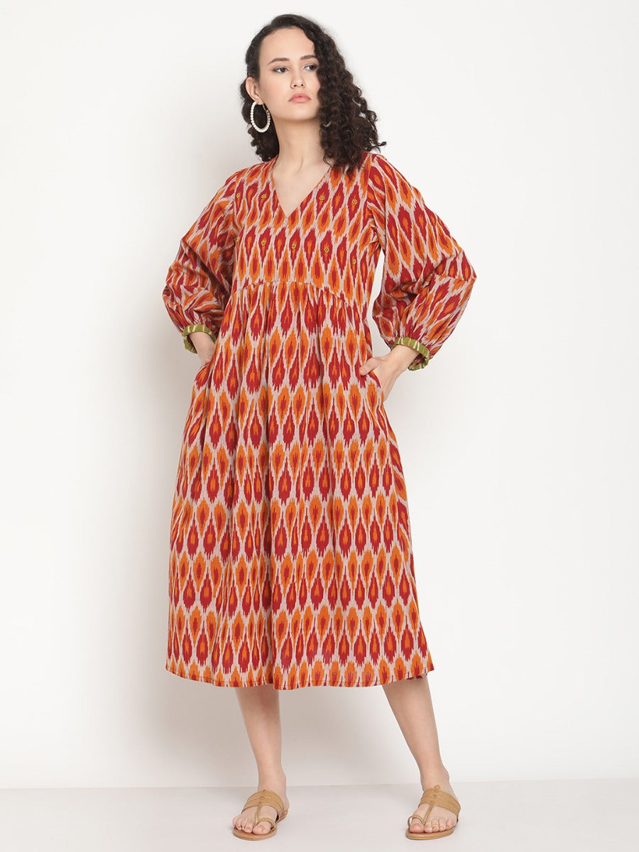 Sunset Red Ikat Midi Dress With Bead Work