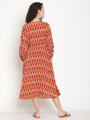 Sunset Red Ikat Midi Dress With Bead Work