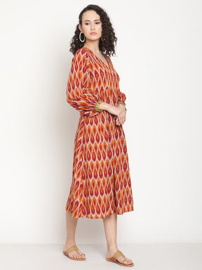 Sunset Red Ikat Midi Dress With Bead Work
