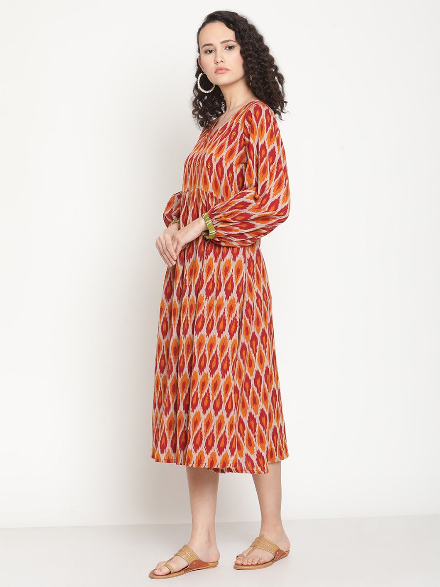 Sunset Red Ikat Midi Dress With Bead Work