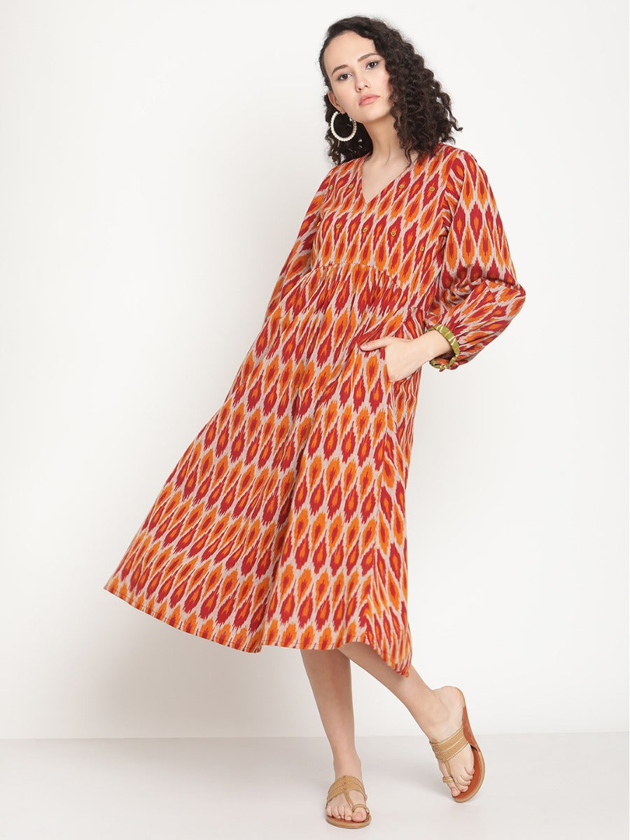 Sunset Red Ikat Midi Dress With Bead Work