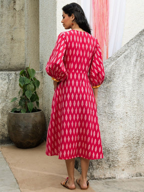 Fuchsia Pink Ikat Midi Dress With Bead Work