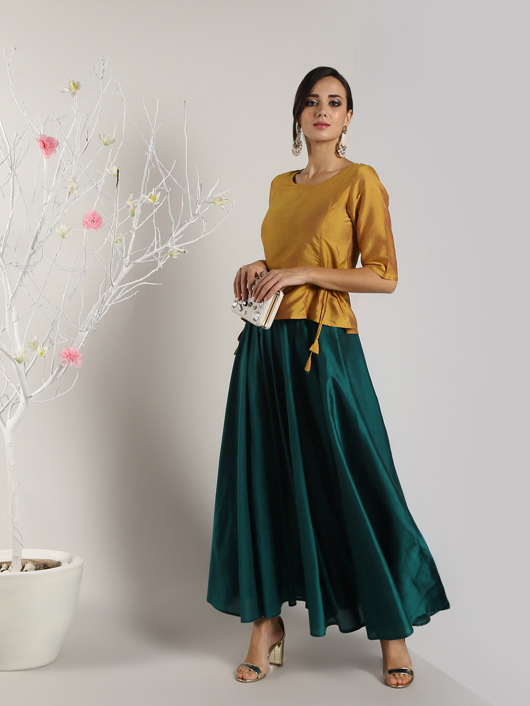 Buy Adorable Bottle Green Embroidered Top with Solid Layered Skirt -  Inddus.in