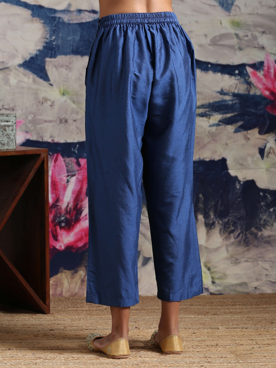 Cotton silk straight pant with side pockets Blue