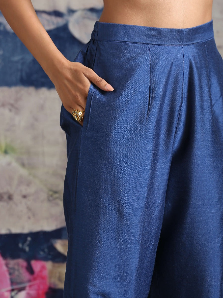 Cotton silk straight pant with side pockets Blue