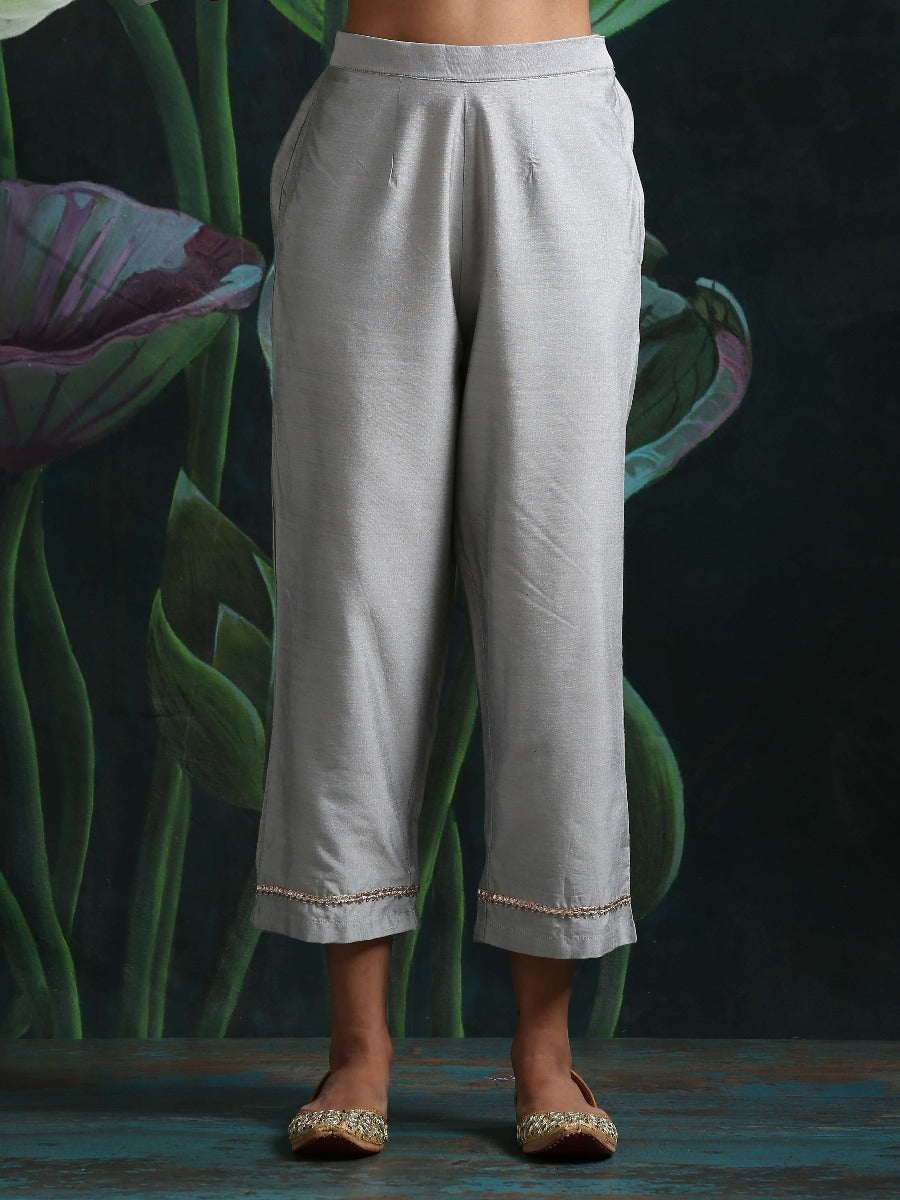 Cotton silk straight pant with side pockets Grey