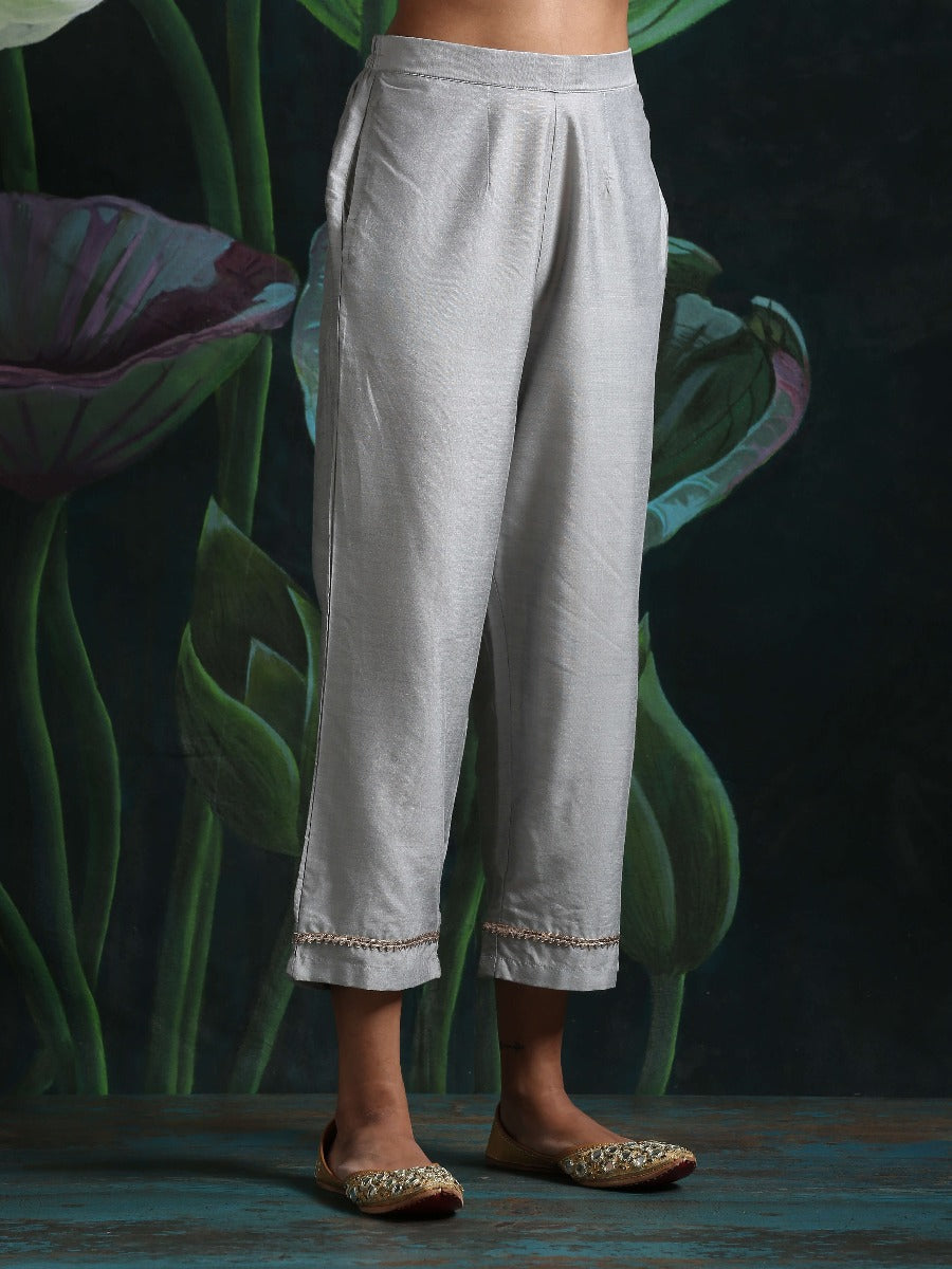 Cotton silk straight pant with side pockets Grey