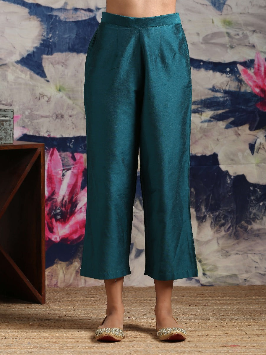 Cotton silk straight pant with side pockets Green