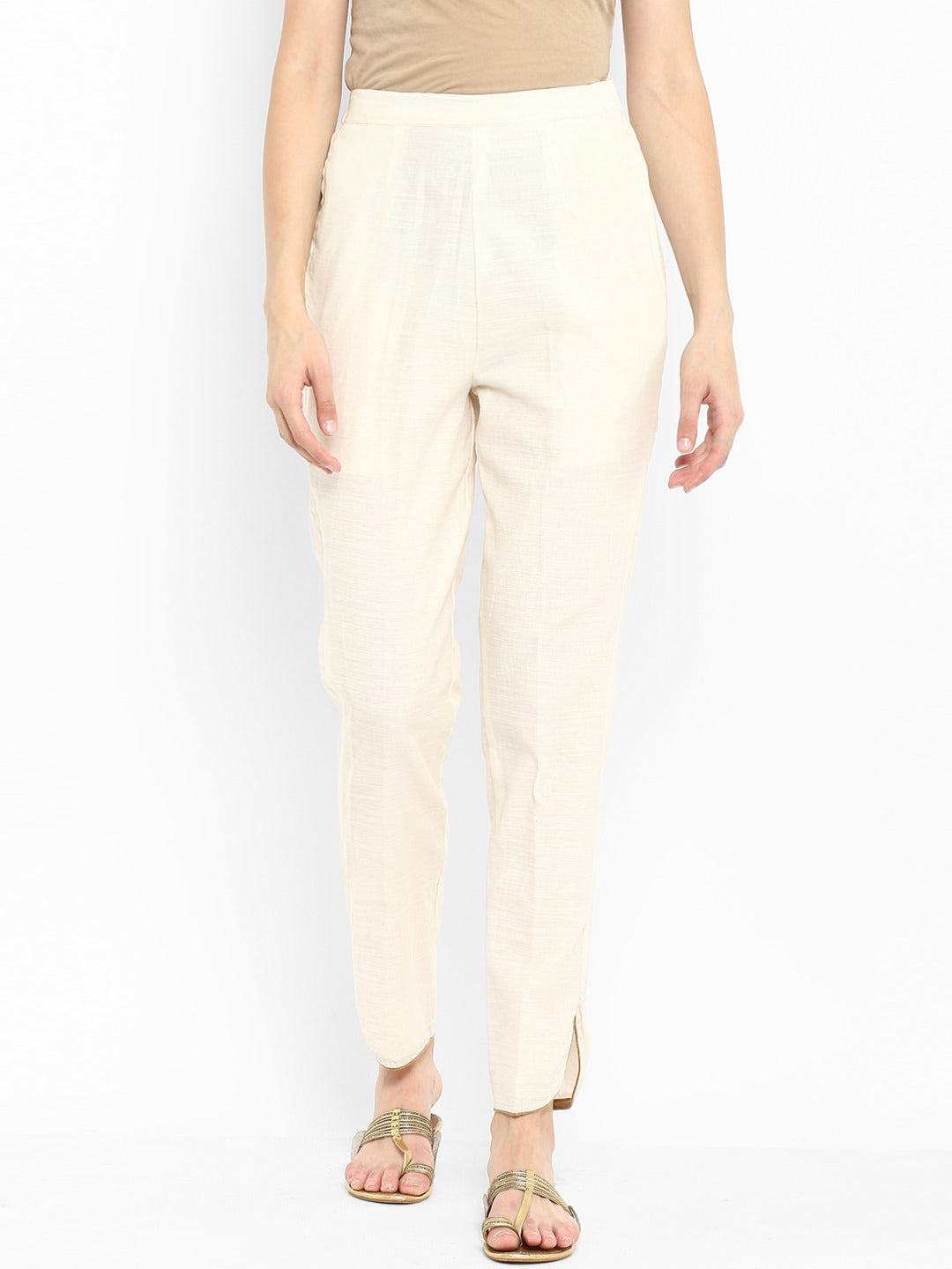 Cream Straight Pants With Pockets