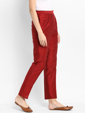 Coral Red Straight Pants With Pockets