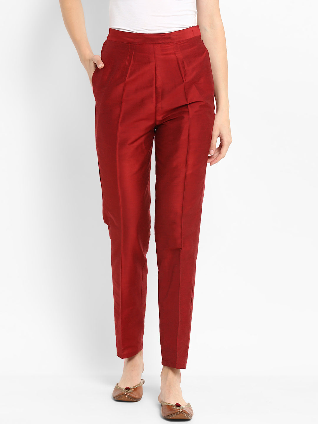 Coral Red Straight Pants With Pockets