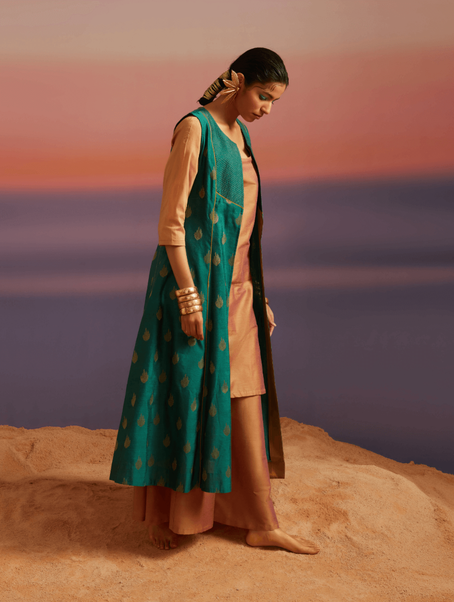 Coral Green Sleeveless Banarasi Jacket