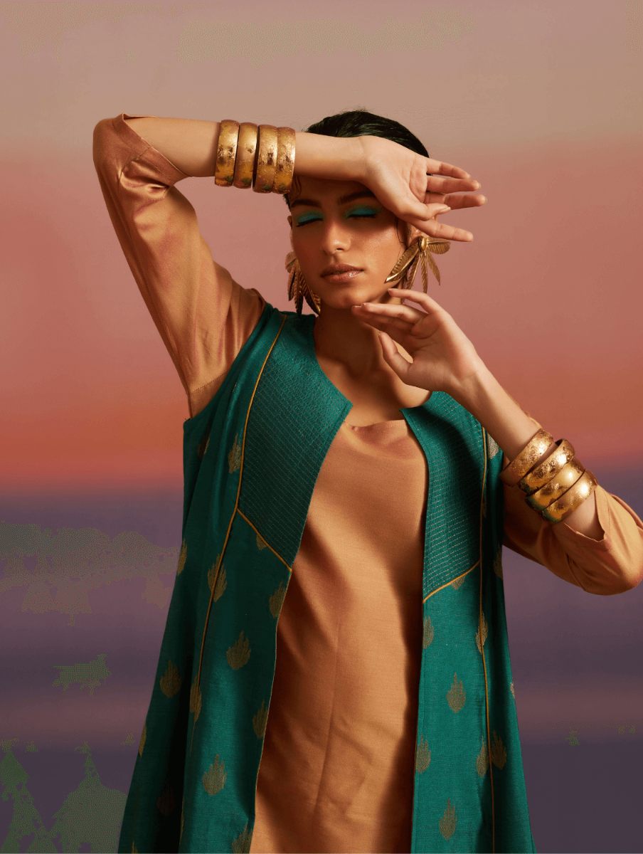 Coral Green Sleeveless Banarasi Jacket