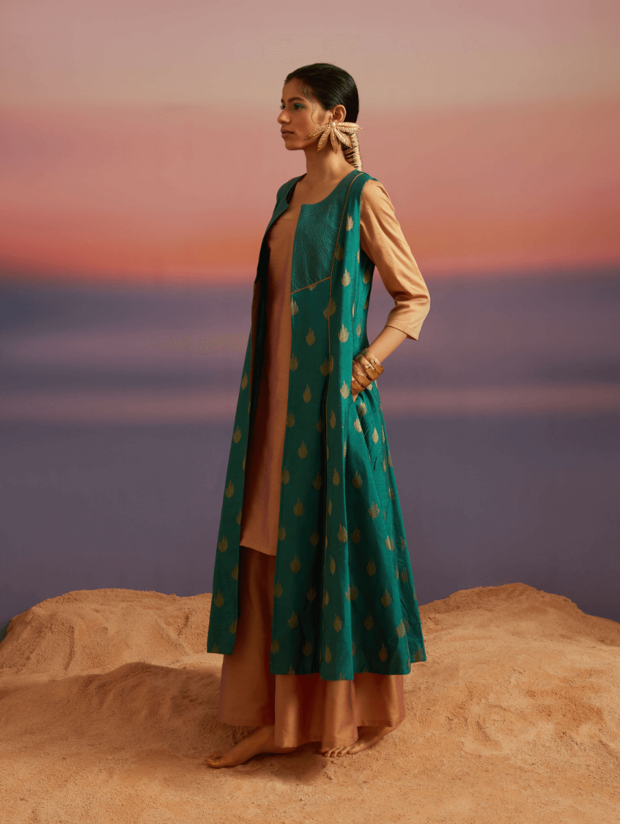 Coral Green Sleeveless Banarasi Jacket