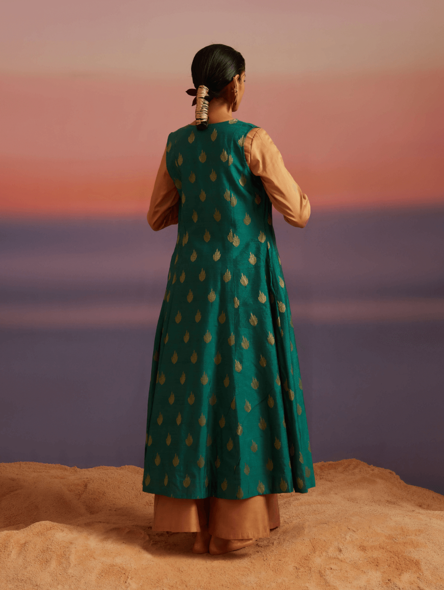 Coral Green Sleeveless Banarasi Jacket