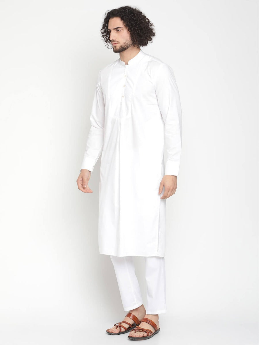 Men White Pleated Poplin Kurta With Straight Pyjama