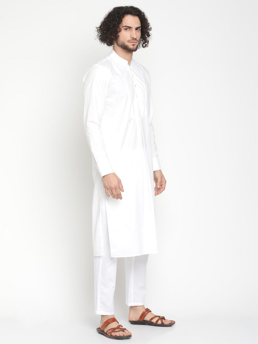 Men White Pleated Poplin Kurta