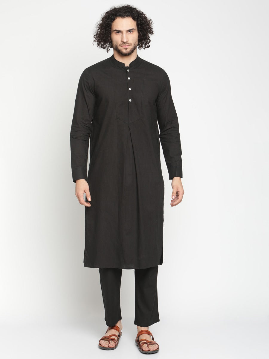 Men Black Pleated Poplin Kurta