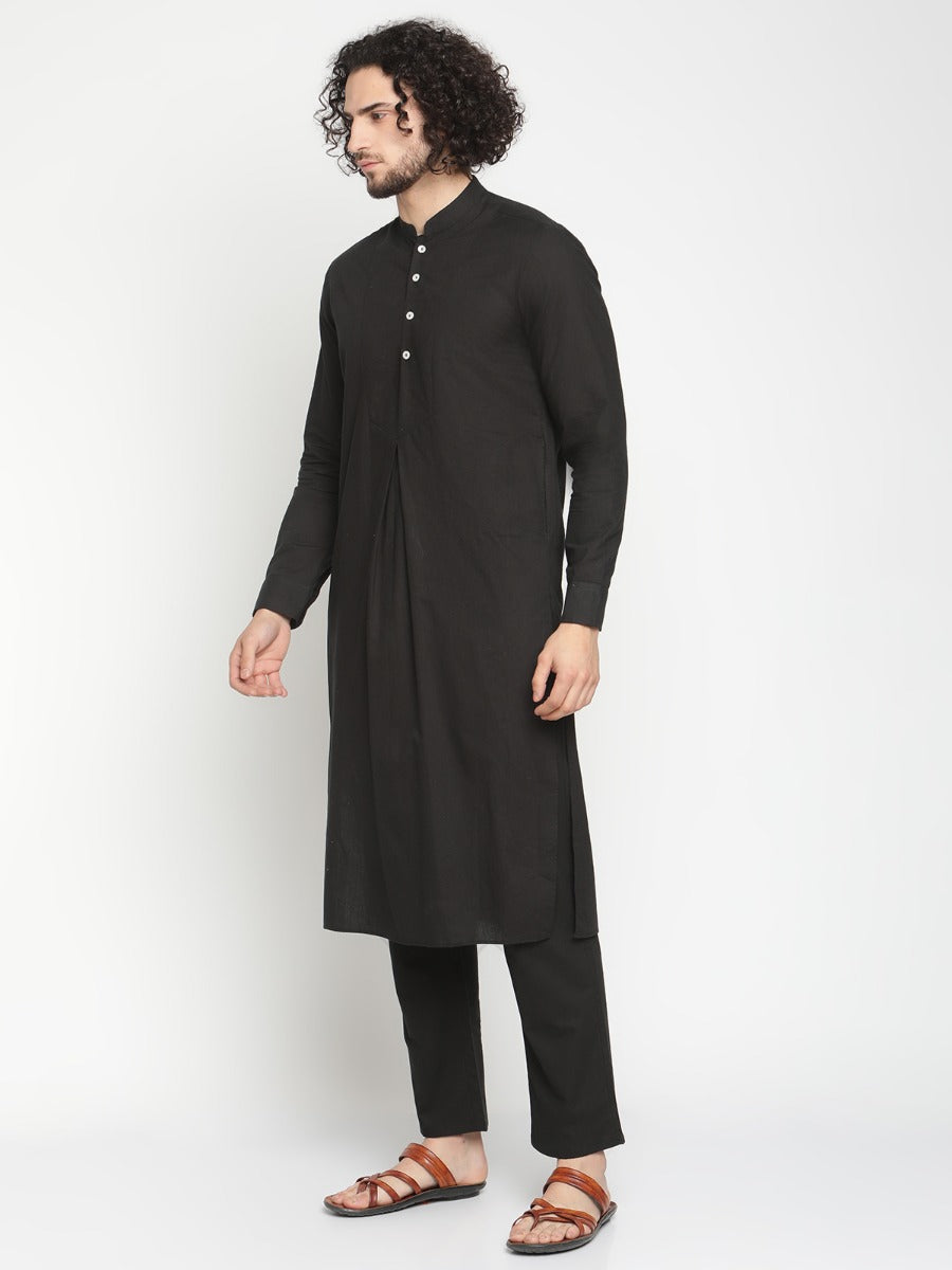 Men Black Pleated Poplin Kurta