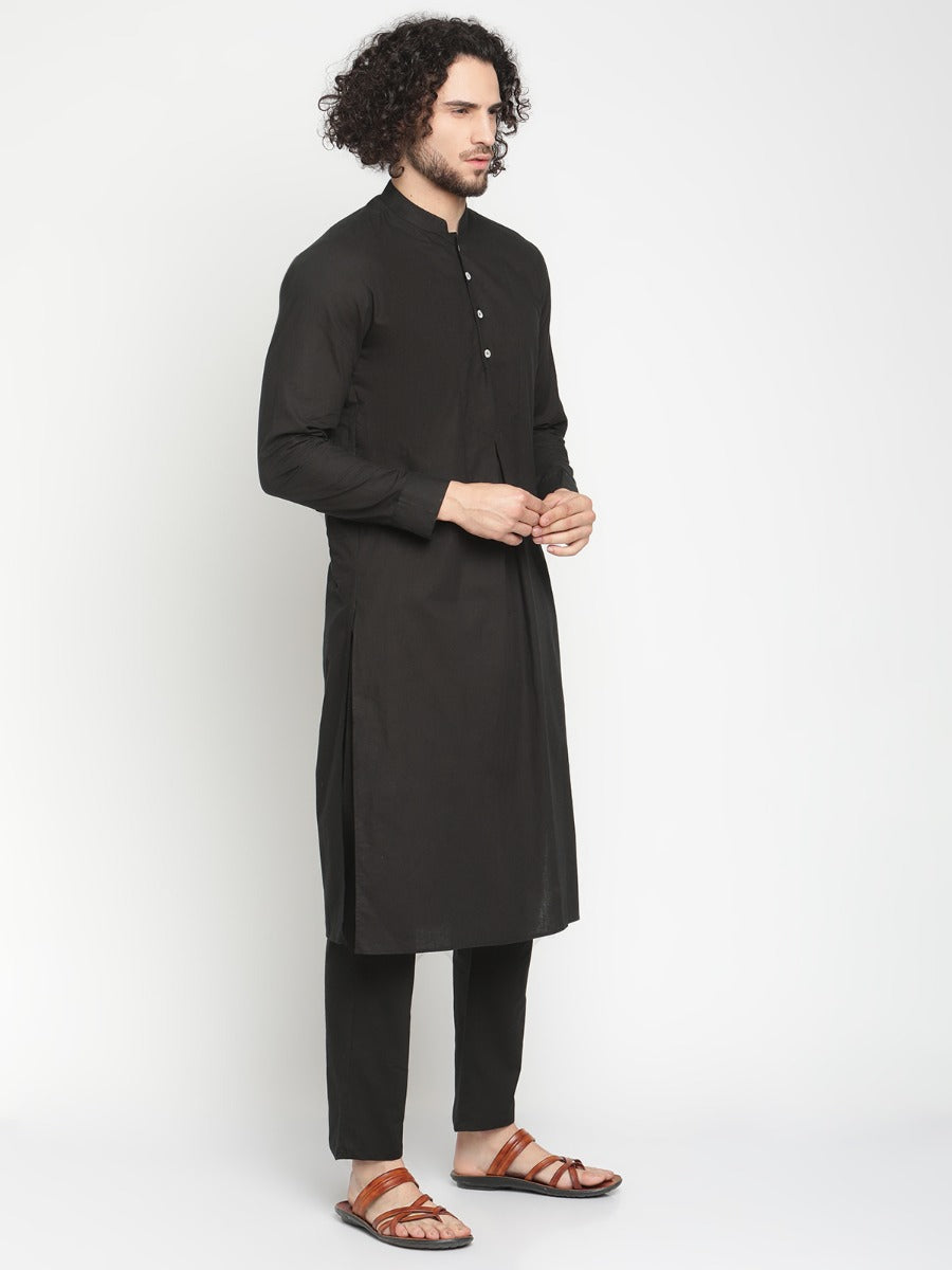 Men Black Pleated Poplin Kurta