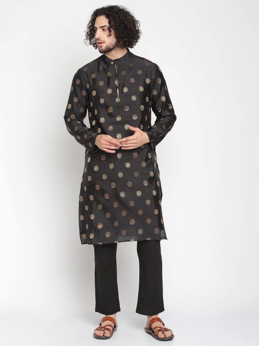 Men Golden Black Banarasi Kurta