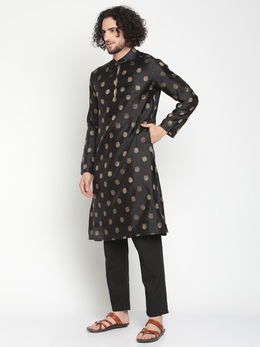 Men Golden Black Banarasi Kurta