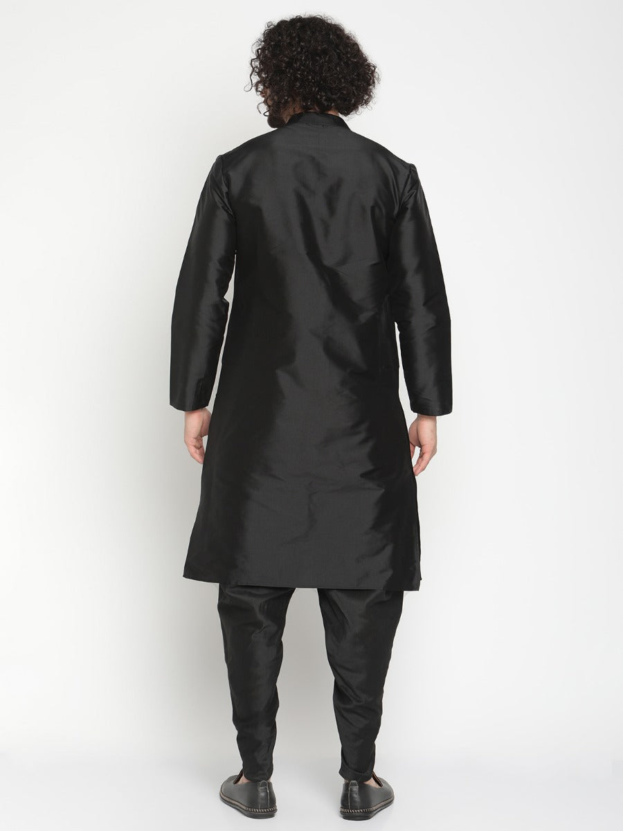 Men Black Banarasi Kurta With Extended Collar