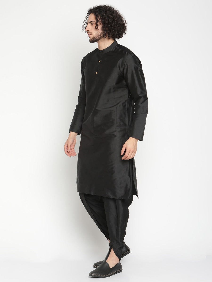 Men Black Banarasi Kurta With Extended Collar