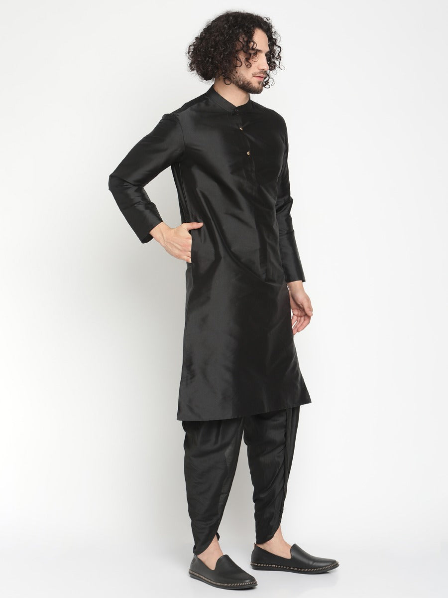 Men Black Banarasi Kurta With Extended Collar