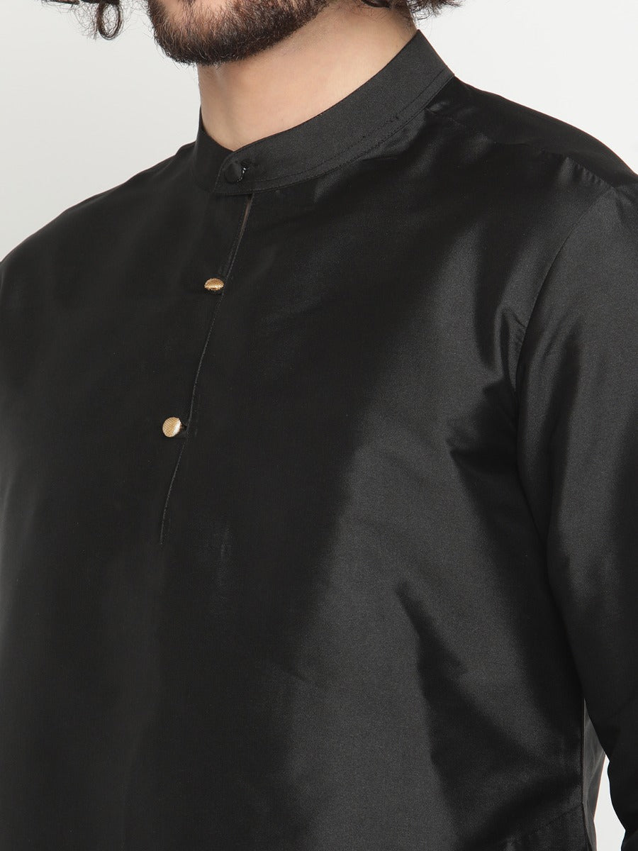 Men Black Banarasi Kurta With Extended Collar