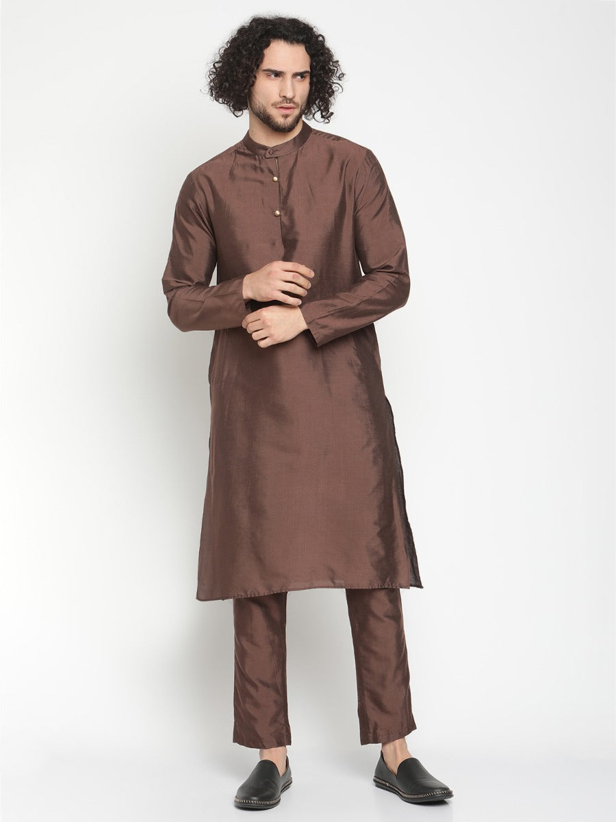 Men Brown Banarasi Kurta With Extended Collar