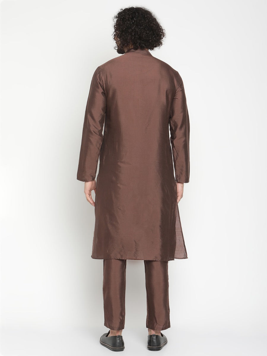 Men Brown Banarasi Kurta With Extended Collar