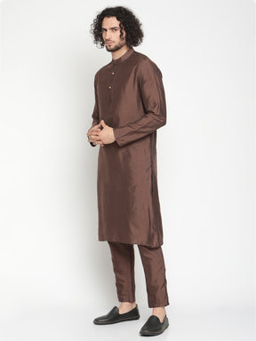 Men Brown Banarasi Kurta With Extended Collar