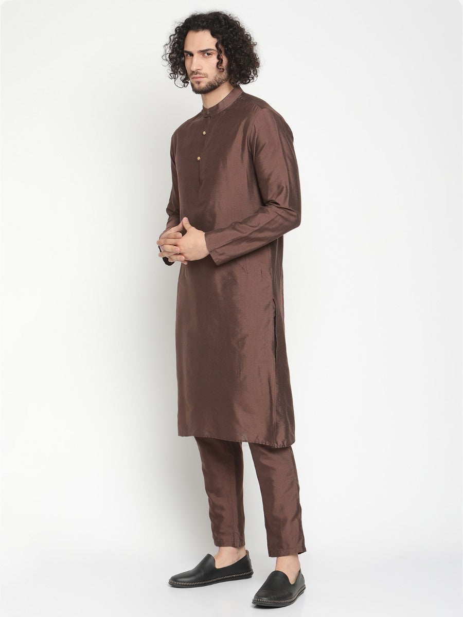 Men Brown Banarasi Kurta With Extended Collar