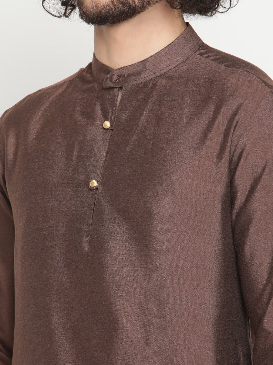 Men Brown Banarasi Kurta With Extended Collar