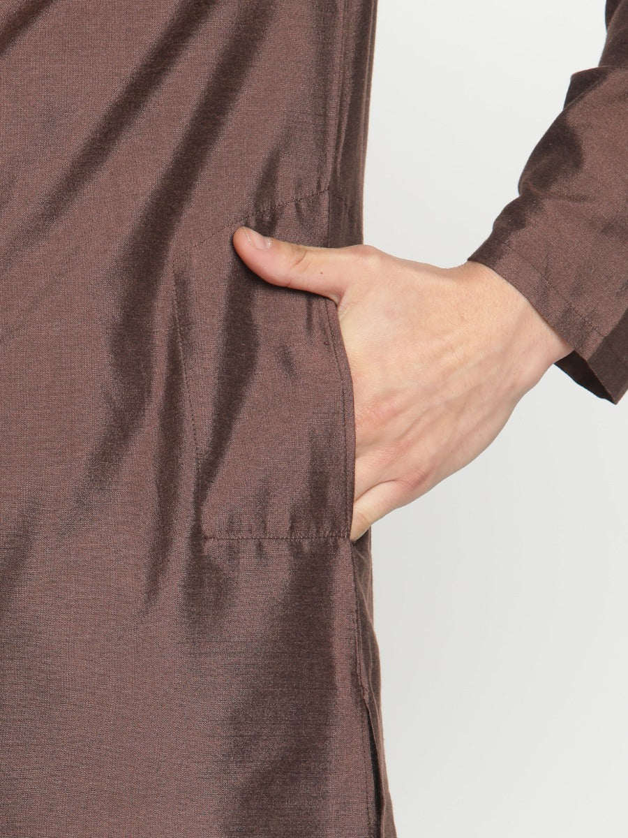Men Brown Banarasi Kurta With Extended Collar