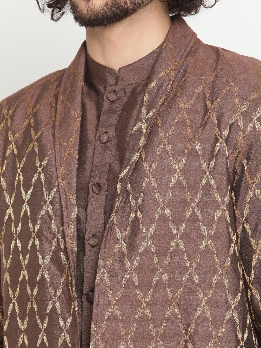 Men Brown Button Down Kurta With Zari Work Jacket