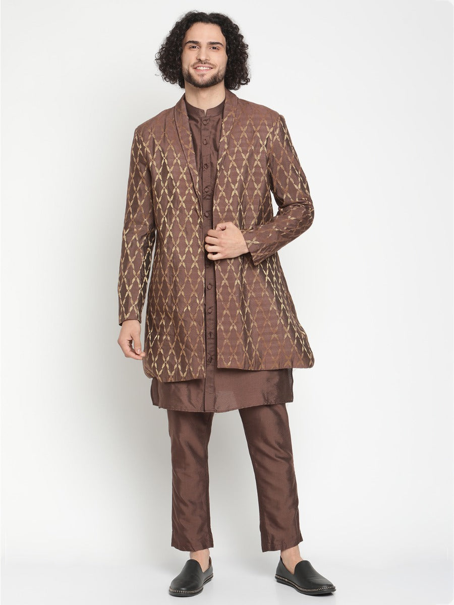 Men Brown Button Down Kurta With Zari Work Jacket