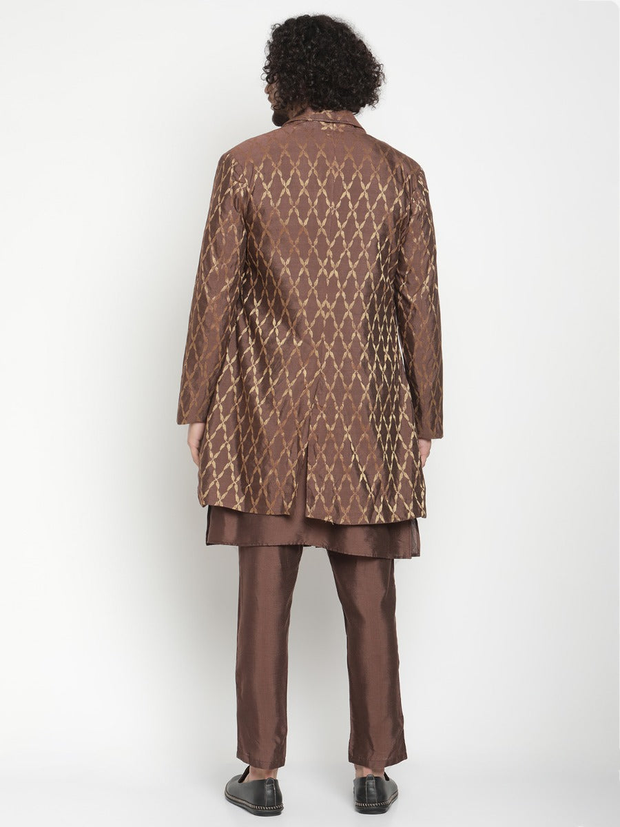 Men Brown Button Down Kurta With Zari Work Jacket