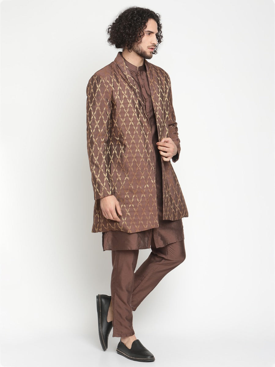 Men Brown Button Down Kurta With Zari Work Jacket