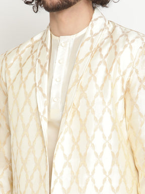 Men Ivory Button Down Kurta With Zari Work Jacket