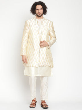 Men Ivory Button Down Kurta With Zari Work Jacket