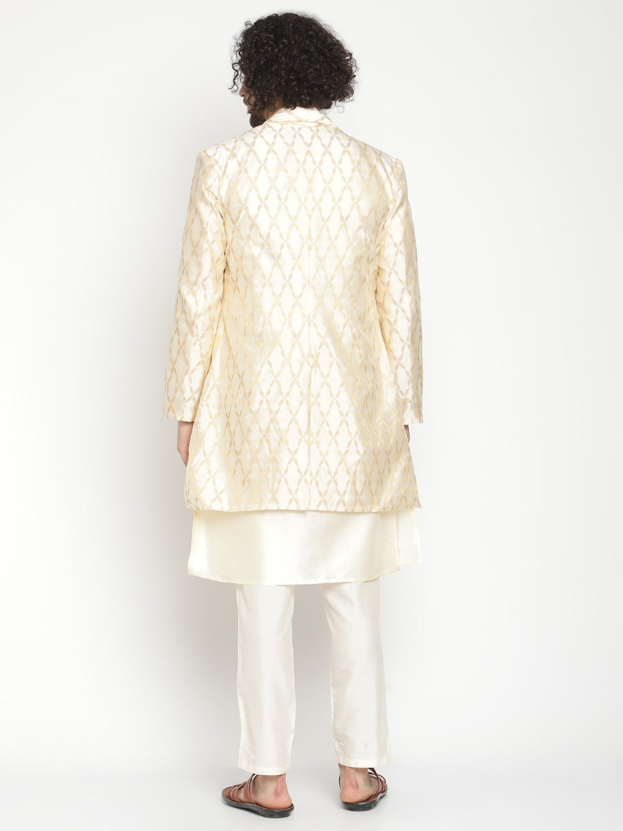 Men Ivory Button Down Kurta With Zari Work Jacket